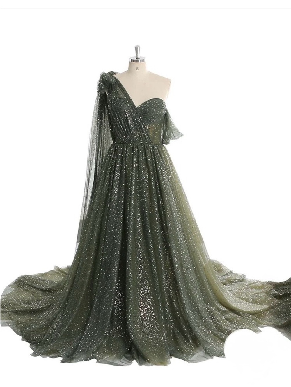 Elegant dark Olive Green One-Shoulder Sparkle Evening Gown